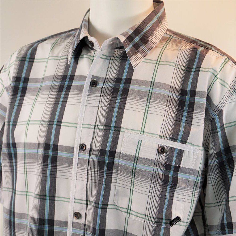 Coastal White Gray Plaid Button Up Short Sleeve Mens Shirt Size XL